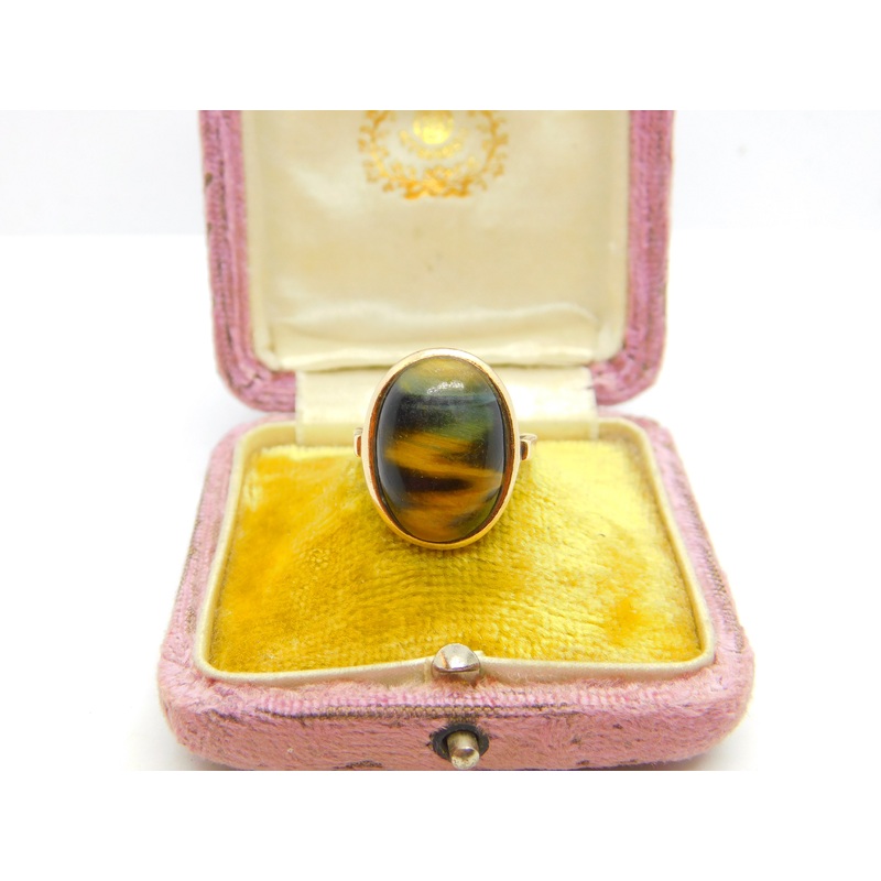 9ct Yellow Gold Cabochon Tiger's Eye Signet Ring Vintage c1950 Size M 1/2 UK