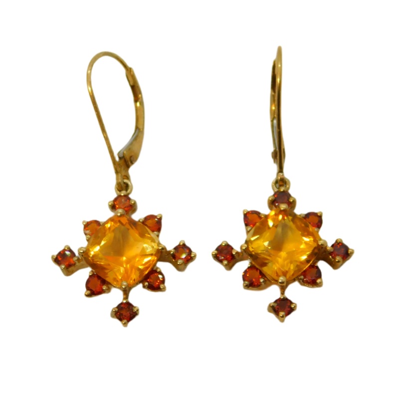 9ct Yellow Gold, Citrine & Garnet Set Floral Hook Earrings Vintage c1980