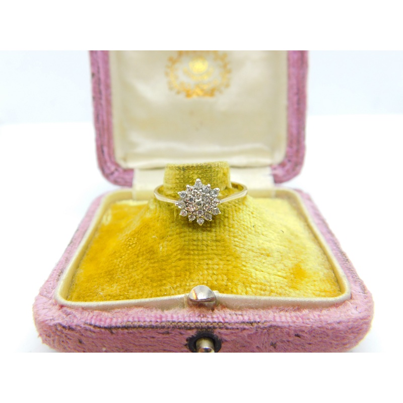9ct Yellow Gold, Diamond Set Floral Cluster Ring 1986 London Vintage