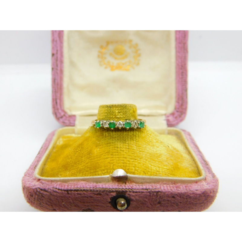 9ct Yellow Gold, Emerald & Diamond Half Eternity Ring 1987 London Vintage