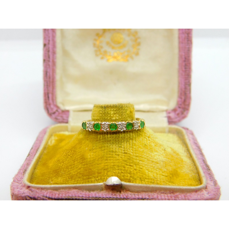 9ct Yellow Gold, Emerald & Diamond Half Eternity Ring Vintage c1990 London