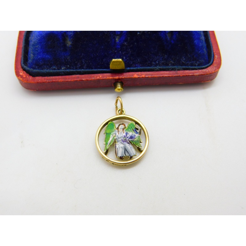 9ct Yellow Gold & Enamel Angel Form Drop Pendant Vintage 1960 Birmingham