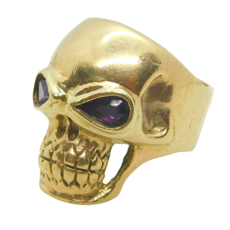 9ct Yellow Gold & Garnet Chunky Gothic Skull Form Bikers Ring Vintage c1970