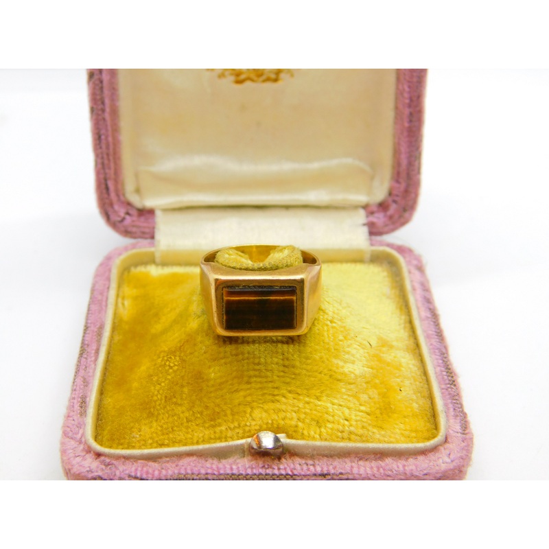 9ct Yellow Gold Modernist Tiger's Eye Set Signet Ring Vintage c1970