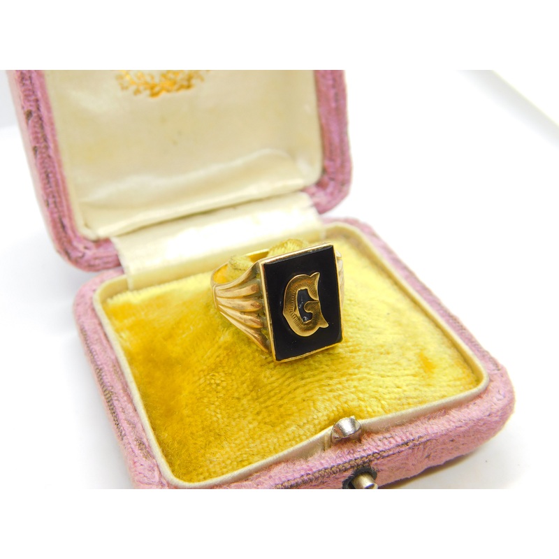 9ct Yellow Gold & Onyx 'G' Initial Signet Ring Antique c1930 Art Deco