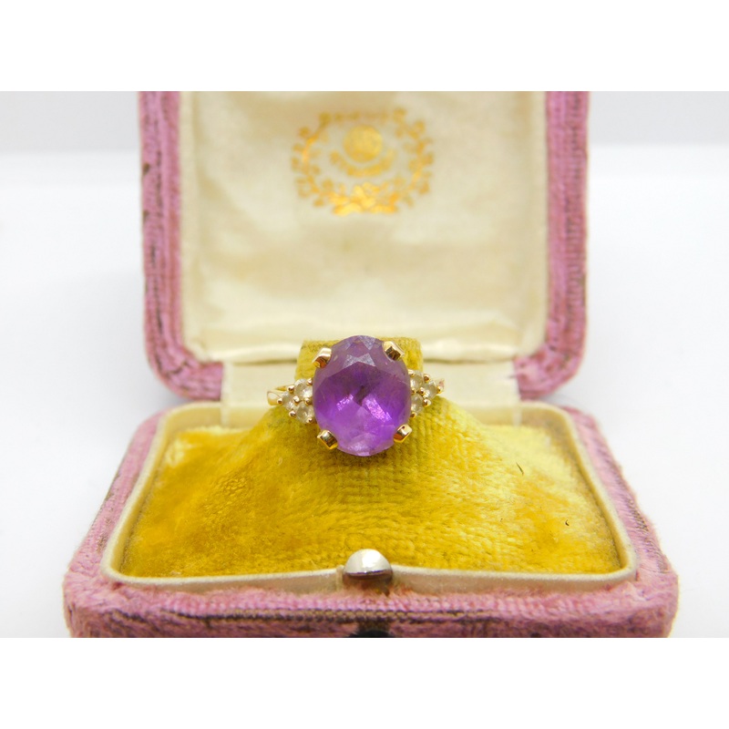 9ct Yellow Gold, Purple Amethyst & Paste Set Band Ring Vintage 1982 Sheffield