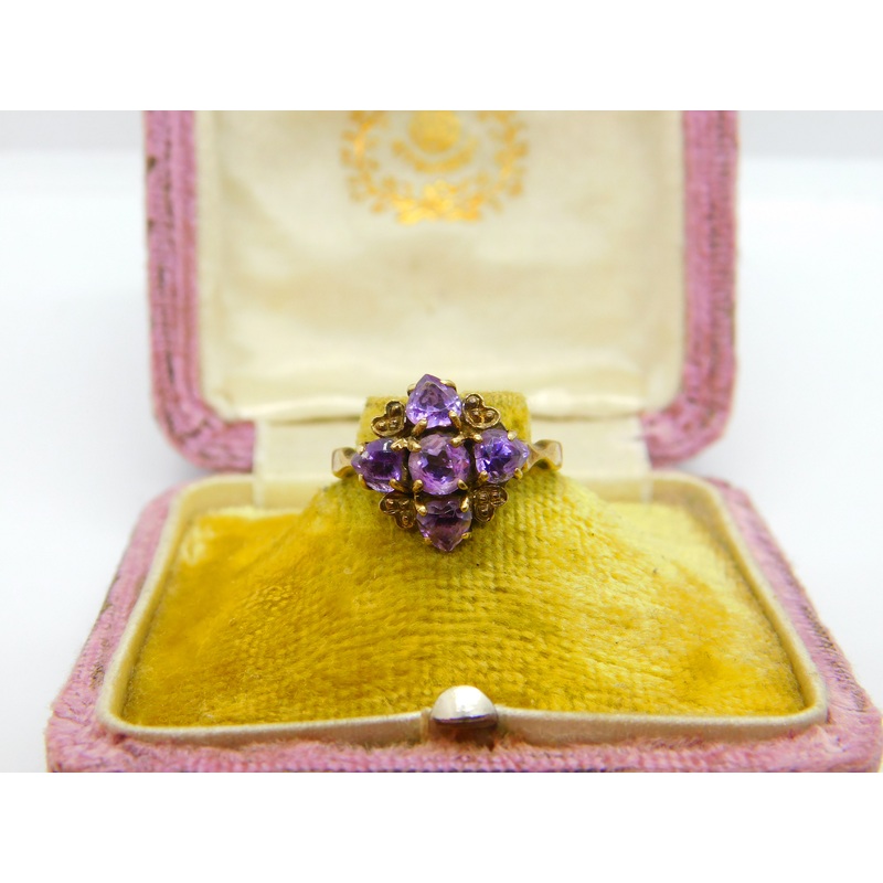 9ct Yellow Gold Purple Amethyst Set Floral Band Ring 1959 London Vintage