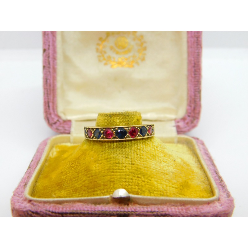9ct Yellow Gold, Ruby & Sapphire Half Eternity Ring Vintage c1970 Birmingham