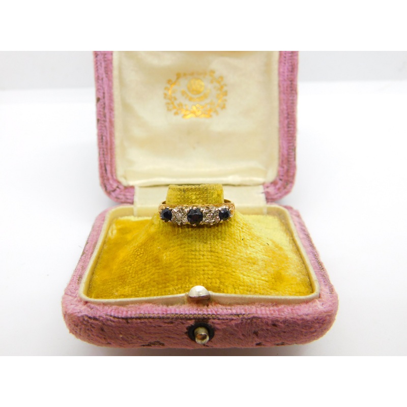 9ct Yellow Gold, Sapphire & Diamond Boat Ring 1982 Edinburgh Vintage