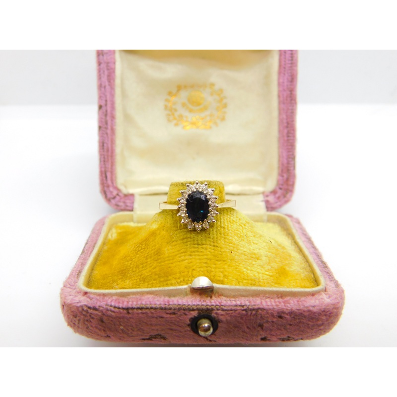 9ct Yellow Gold, Sapphire & Diamond Floral Cluster Ring 1973 London Vintage