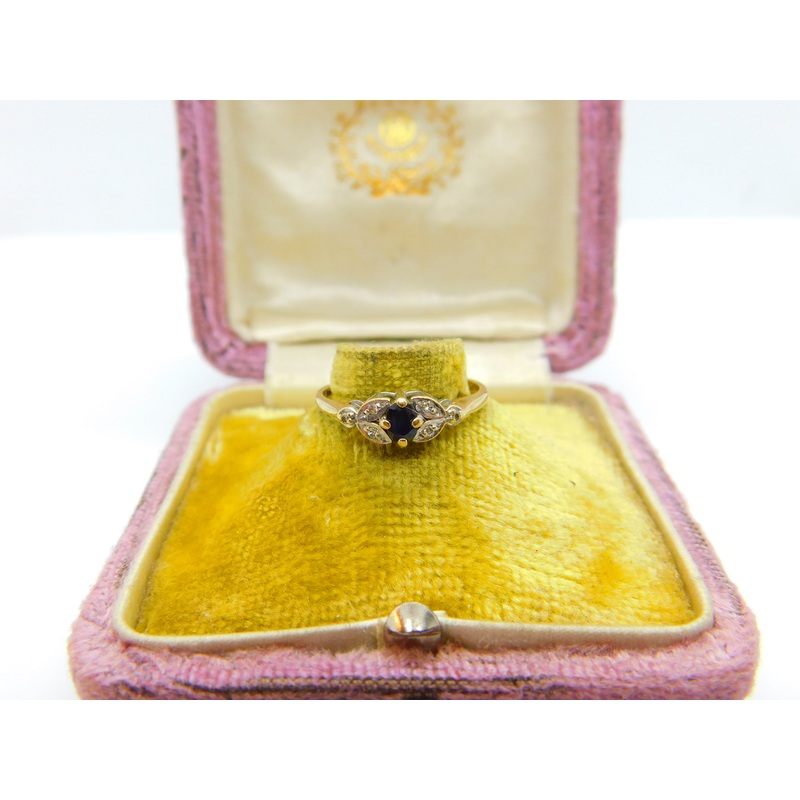9ct Yellow Gold, Sapphire & Diamond Floral Dress Ring 1977 London Vintage