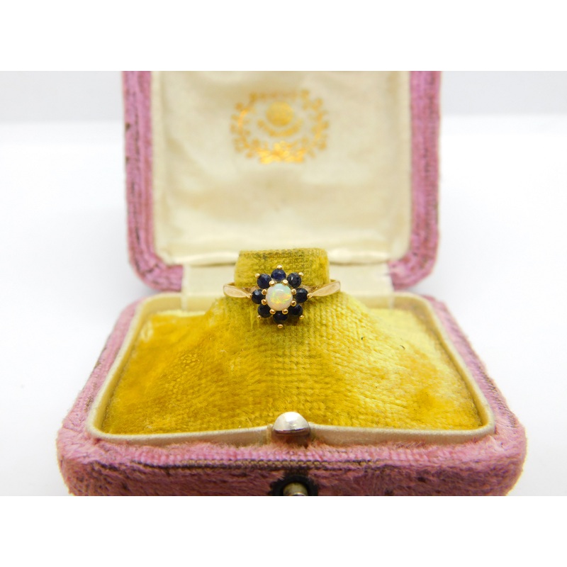 9ct Yellow Gold, Sapphire & Opal Floral Cluster Ring Vintage 1980 Birmingham