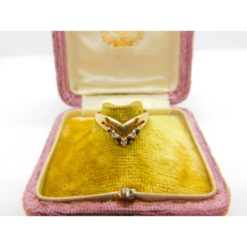 9ct Yellow Gold, Sapphire & Spinel Set Wishbone Band Ring 1988 Birmingham