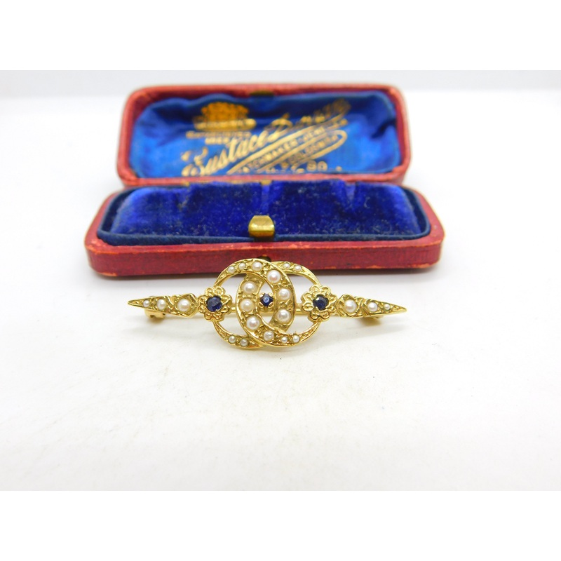 9ct Yellow Gold Victorian Style Seed Pearl & Sapphire Sweetheart Brooch 1982
