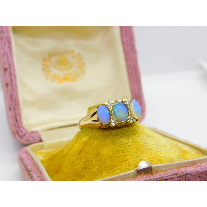 9ct Yellow Gold, Water Opal & White Spinel Victorian Style Boat Ring 1962