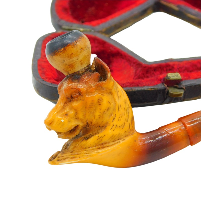 Boxed 19th Century Meerschaum Block Amber Panther Smoking Pipe Antique c1880