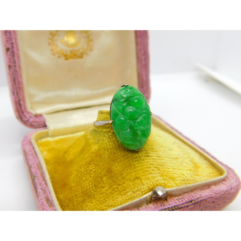 Chinese 18ct White Gold Carved Floral Apple Green Jade Ring c1920 Antique