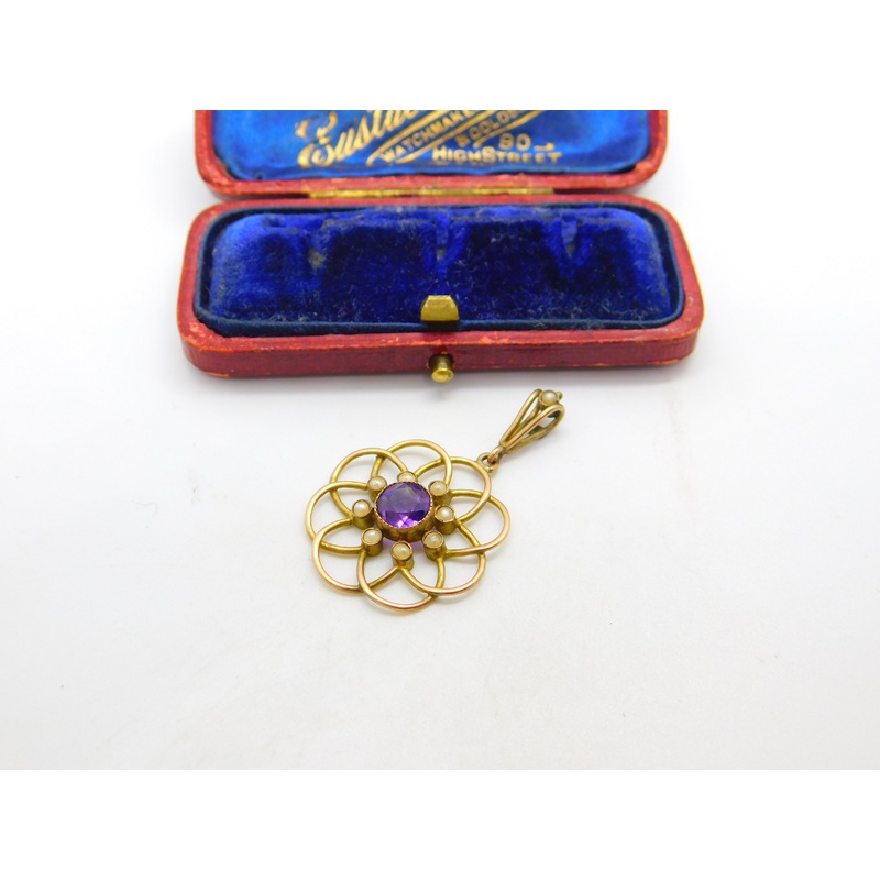 Edwardian 9ct Gold, Amethyst & Seed Pearl Suffragette Lavalier Pendant c1910
