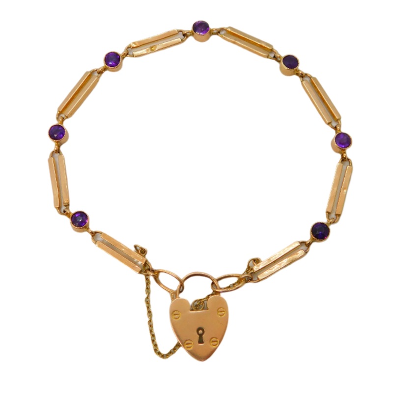 Edwardian 9ct Rose Gold & Amethyst Trombone Link Charm Bracelet Antique c1910
