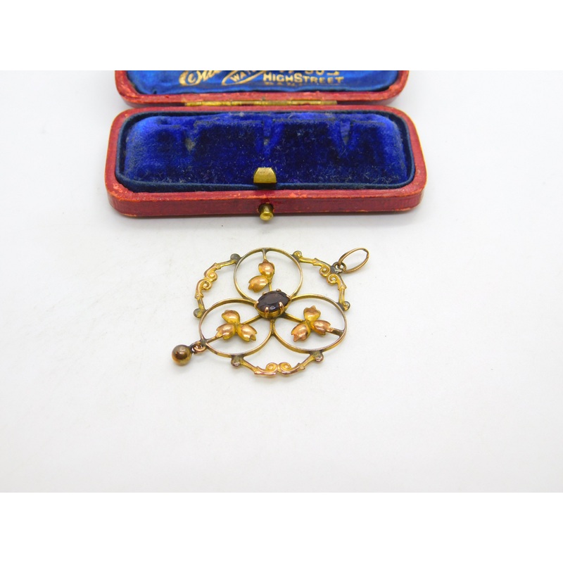 Edwardian 9ct Yellow Gold Floral Citrine Lavalier Drop Pendant c1910 Antique