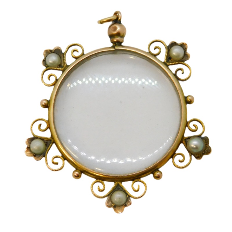 Edwardian 9ct Yellow Gold & Pearl Set Floral Portrait Locket Pendant Antique c1910