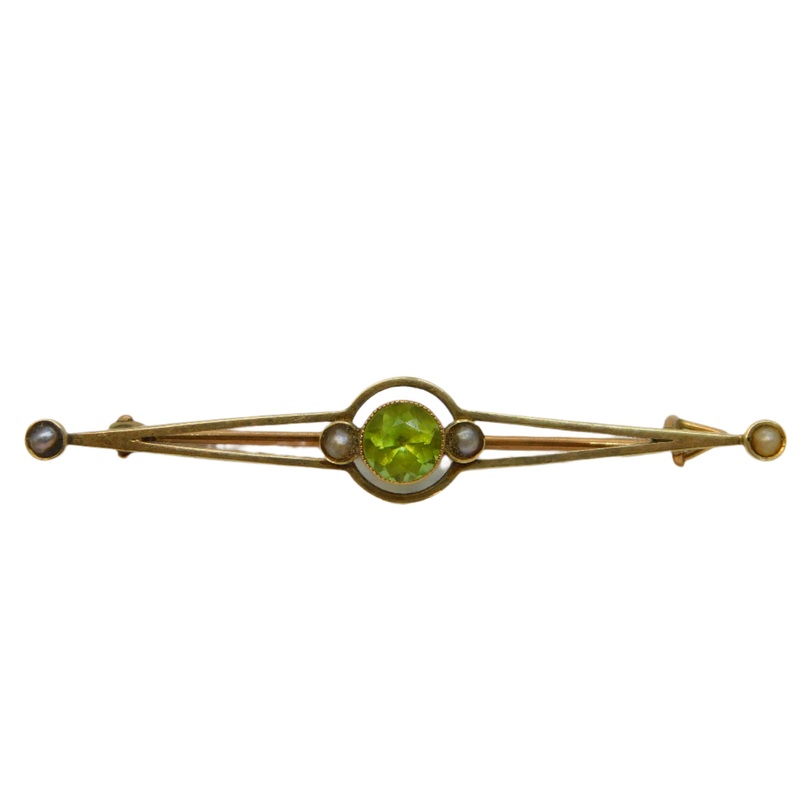 Edwardian 9ct Yellow Gold, Peridot & Seed Pearl Suffragette Brooch Antique c1910