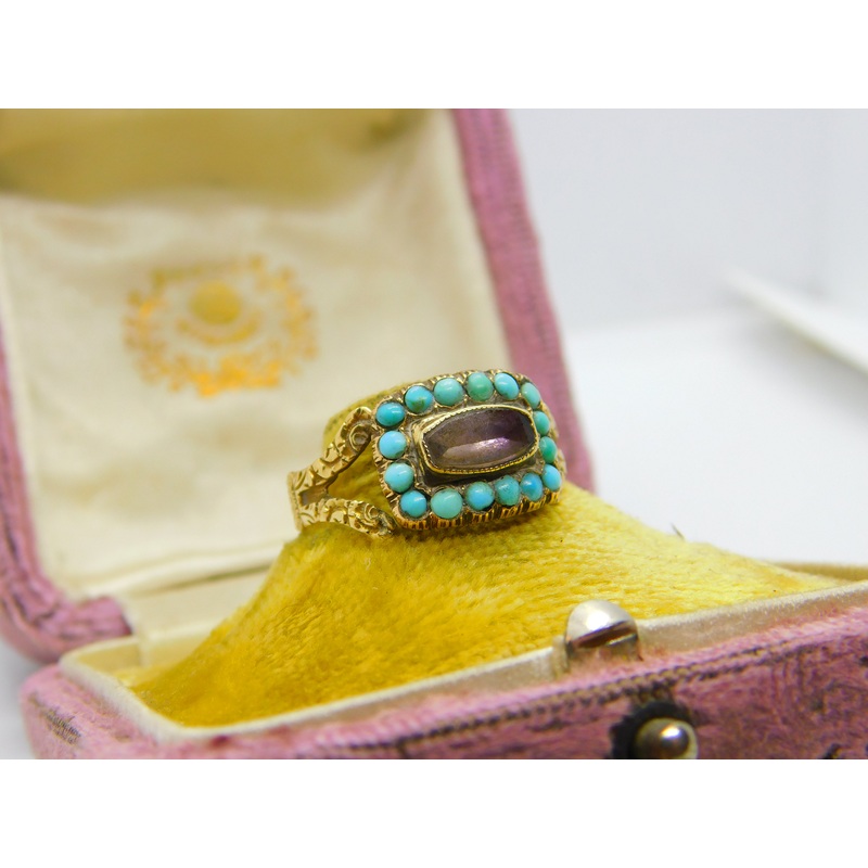 Georgian 18ct Gold, Amethyst & Turquoise Mourning Ring S. J'Anson 1822 London