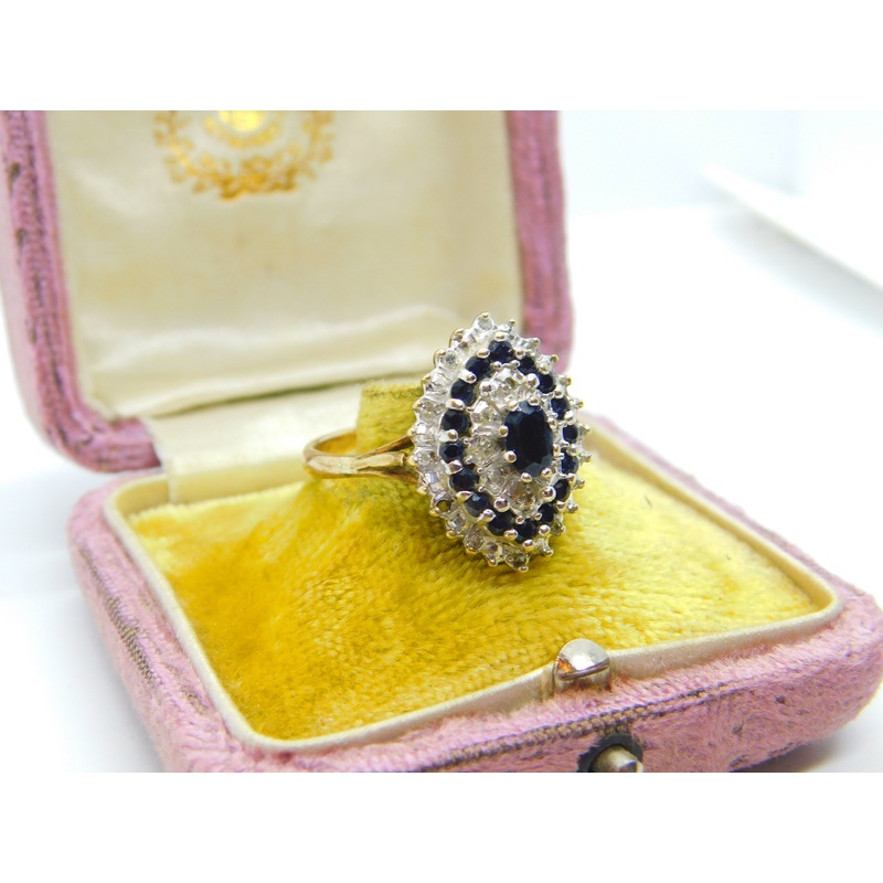 Large 9ct Yellow Gold Marquise Sapphire & Diamond Statement Ring c1930 Deco