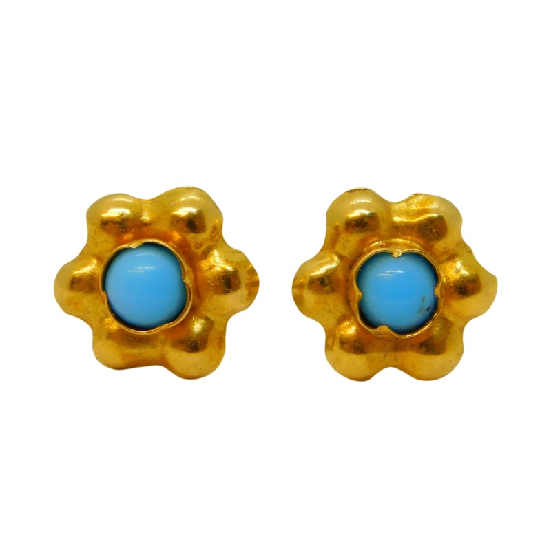 Pair of 18ct Yellow Gold & Turquoise Floral Stud Earrings Vintage c1970