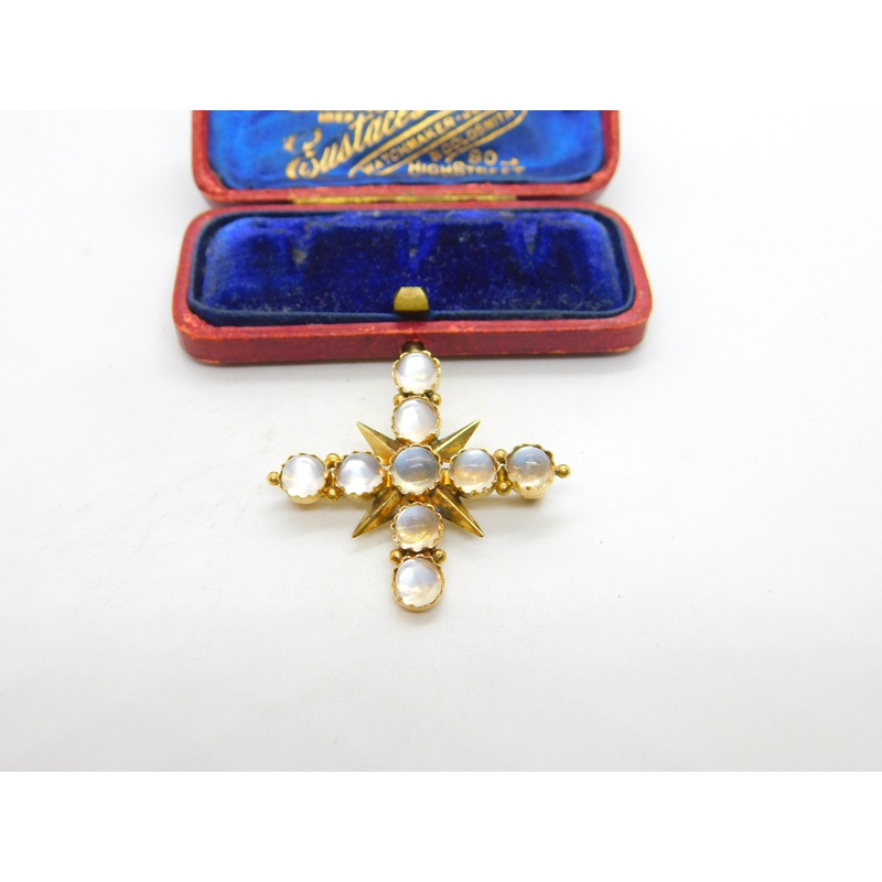 Victorian 15ct Yellow Gold Cabochon Moonstone Star Brooch c1880 Antique