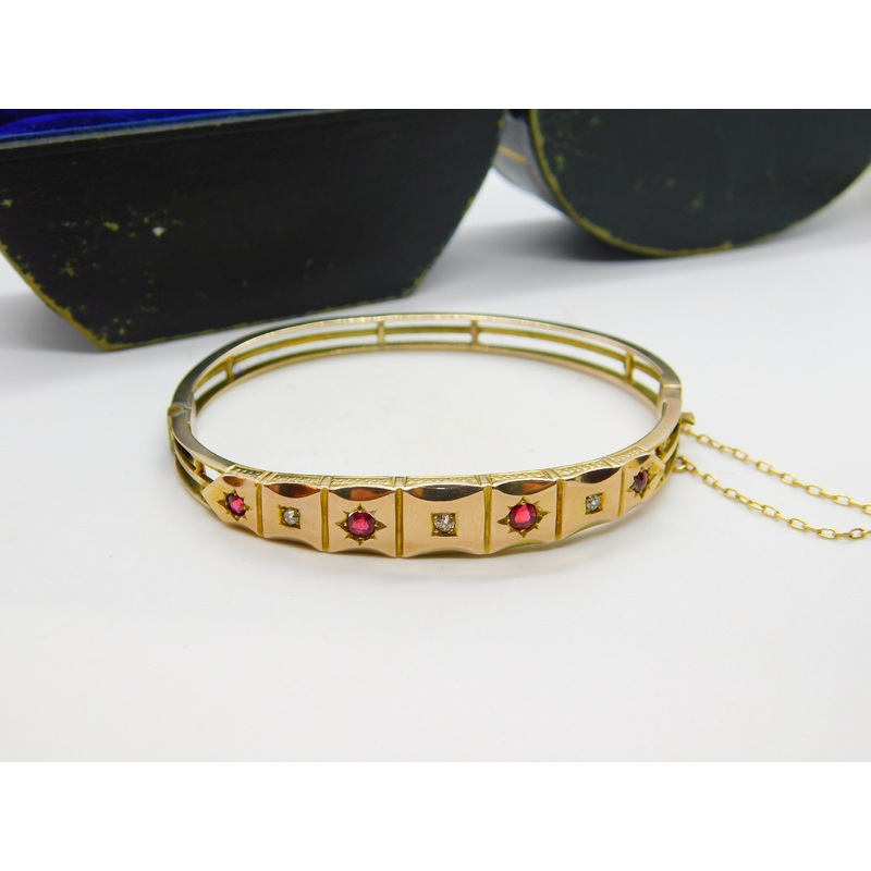 Victorian 15ct Yellow Gold, Diamond & Garnet Bangle Bracelet c1880 Boxed Antique