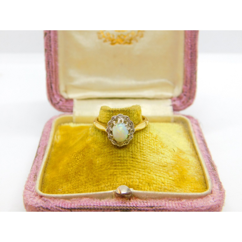Victorian 18ct Yellow Gold, Cabochon Opal & Diamond Floral Cluster Ring c1890
