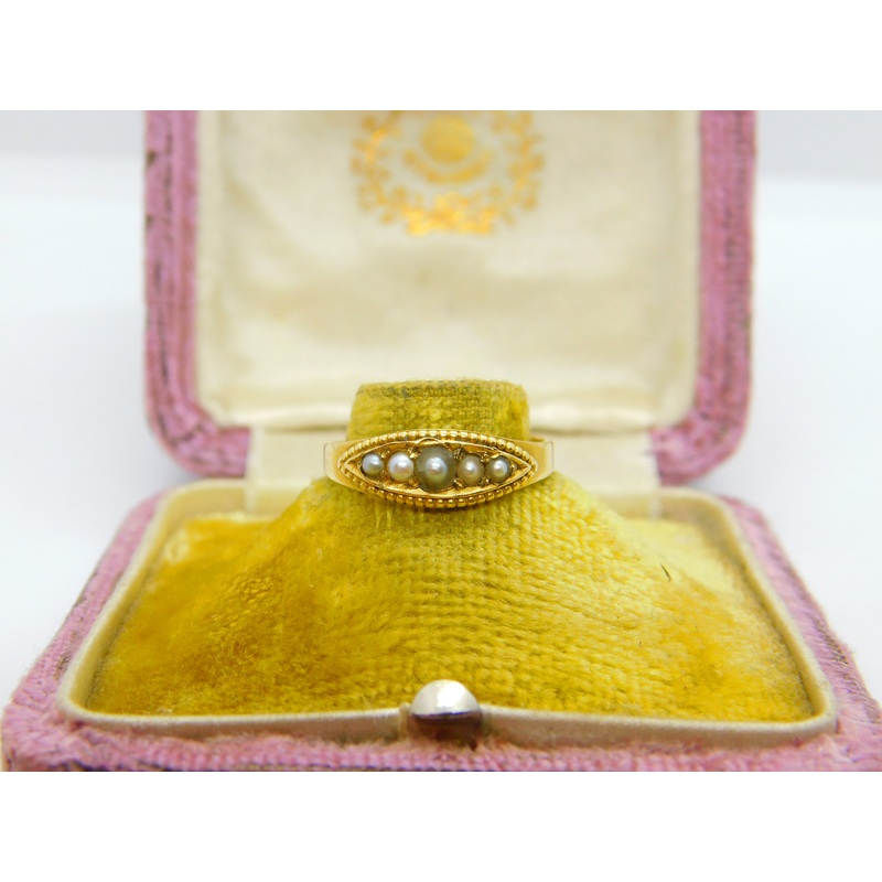 Victorian 18ct Yellow Gold Graduating Seed Pearl Boat Ring Antique c1860