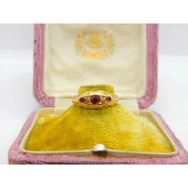 Victorian 18ct Yellow Gold, Ruby & Diamond Boat Ring Antique c1880