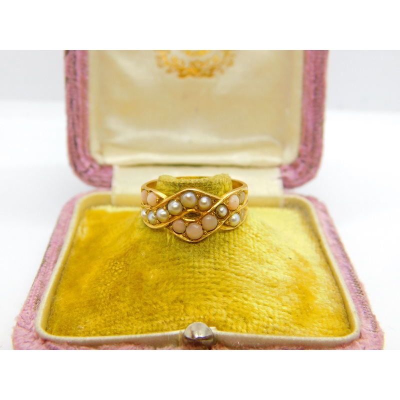 Victorian 18ct Yellow Gold, Seed Pearl & Coral Bead Crossover Ring c1860 Antique