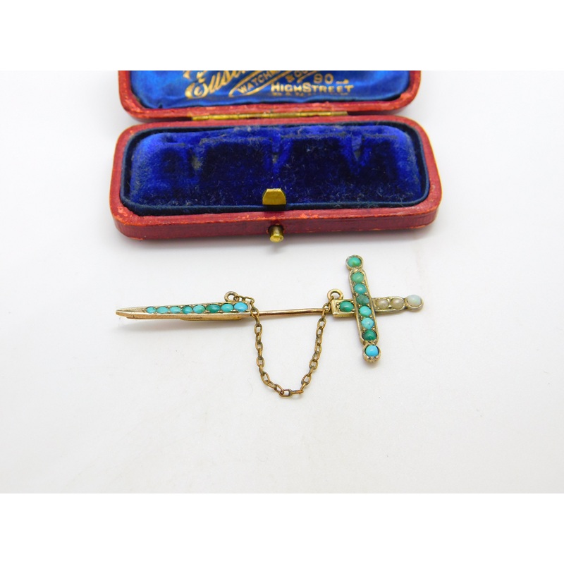 Victorian 9ct Rose Gold, Turquoise & Seed Pearl Sword Form Lapel Brooch c1840