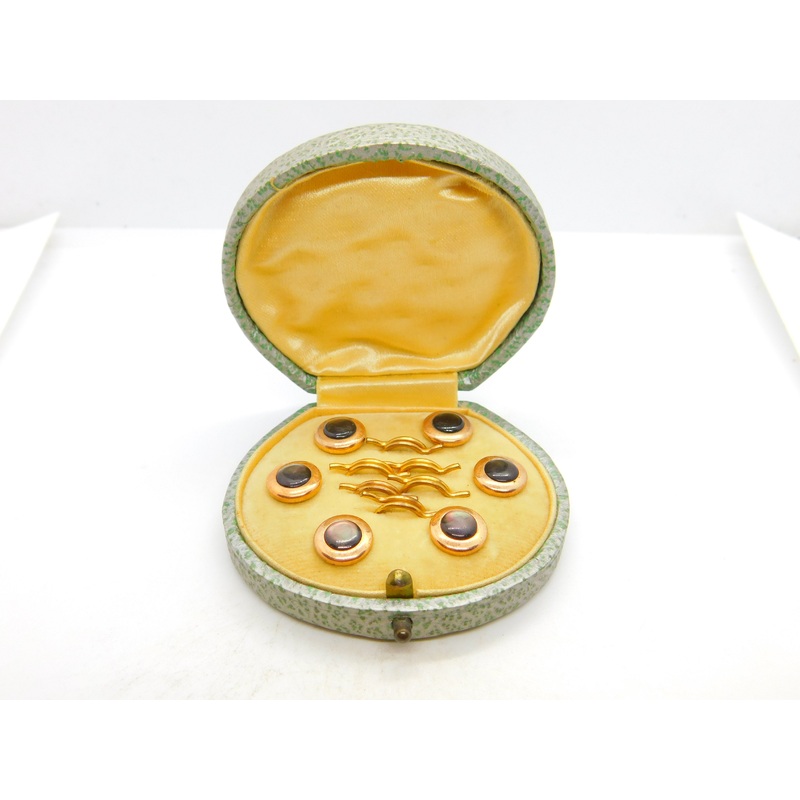 Victorian Boxed Rolled Gold Cat's Eye Set Button Stud Set Antique c1880