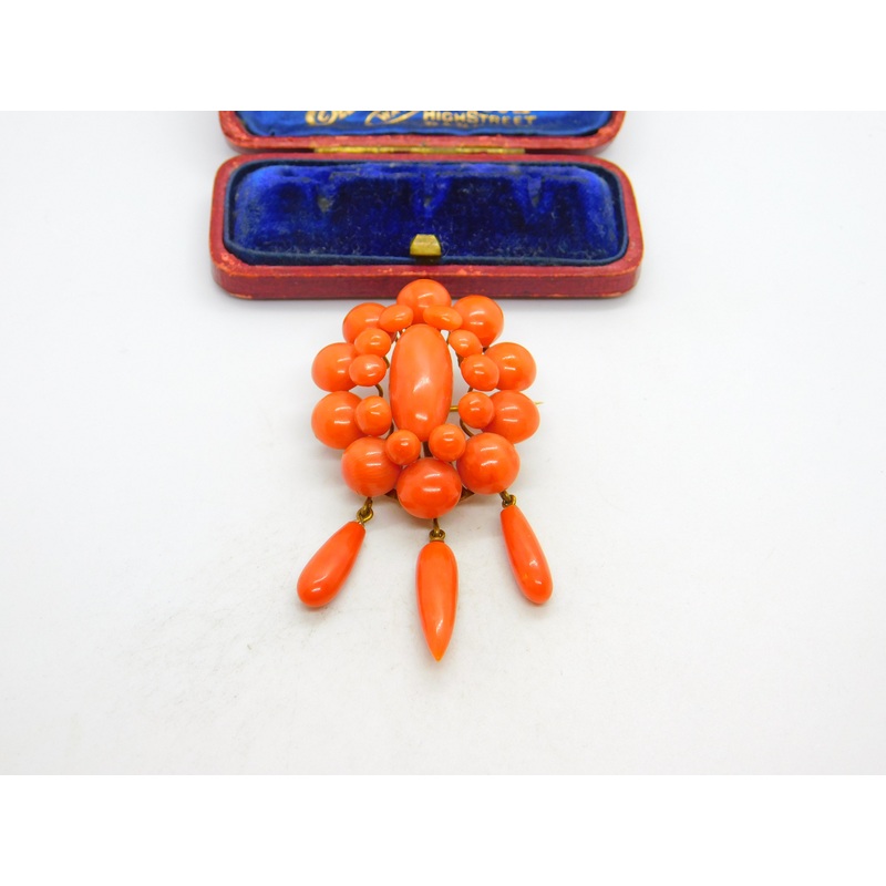 Victorian Yellow Metal & Red Coral Etruscan Statement Pendant Brooch c1850