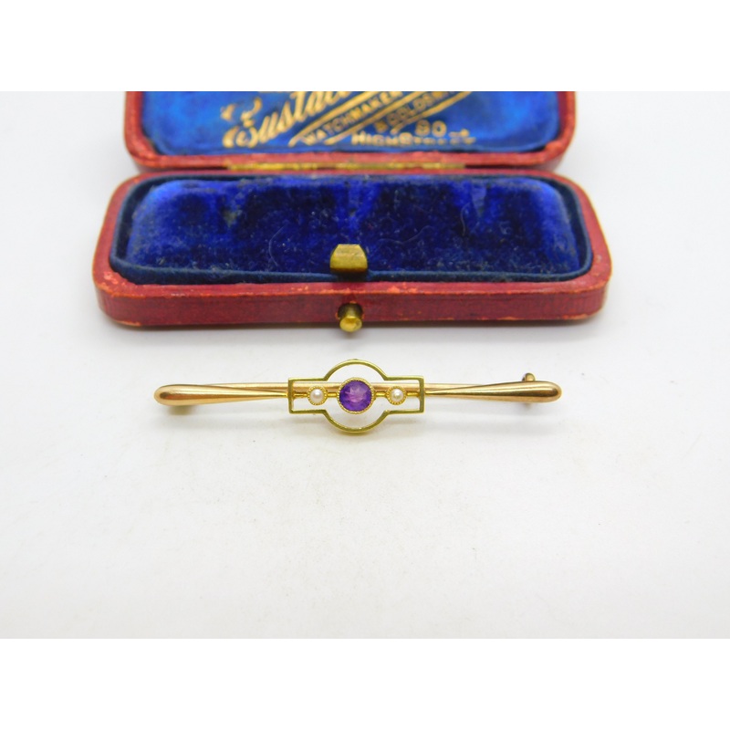 15ct Yellow Gold, Seed Pearl & Amethyst Sweetheart Brooch c1910 Antique