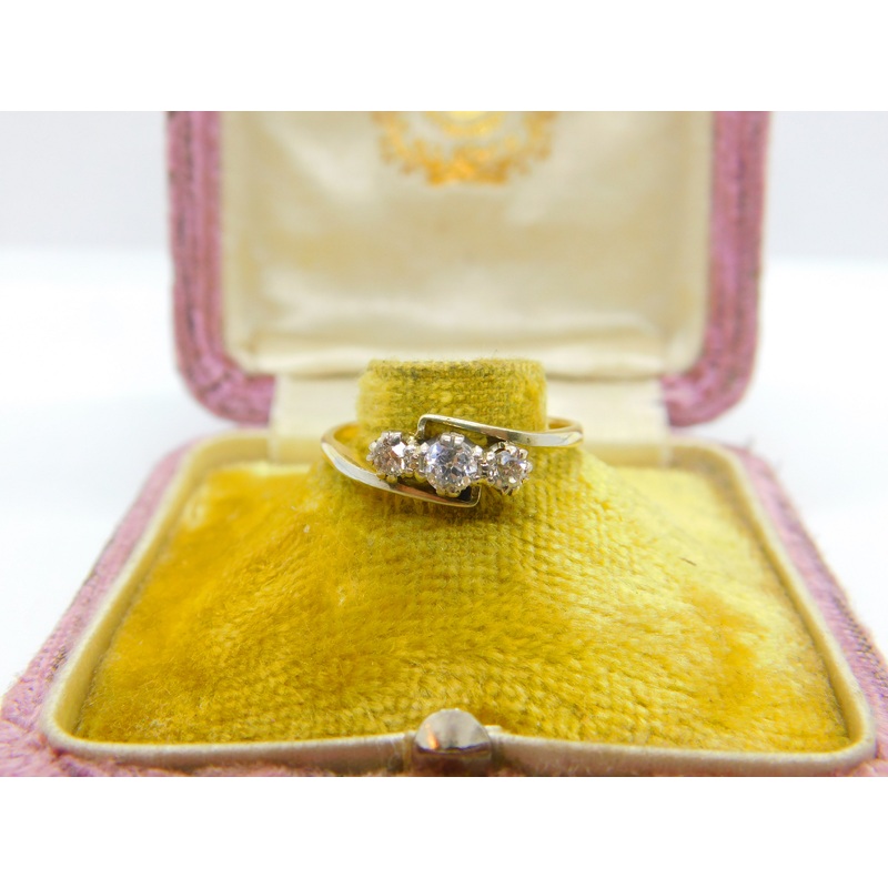 18ct Yellow Gold & 0.4ct Diamond Set Three Stone Crossover Ring c1920 Antique