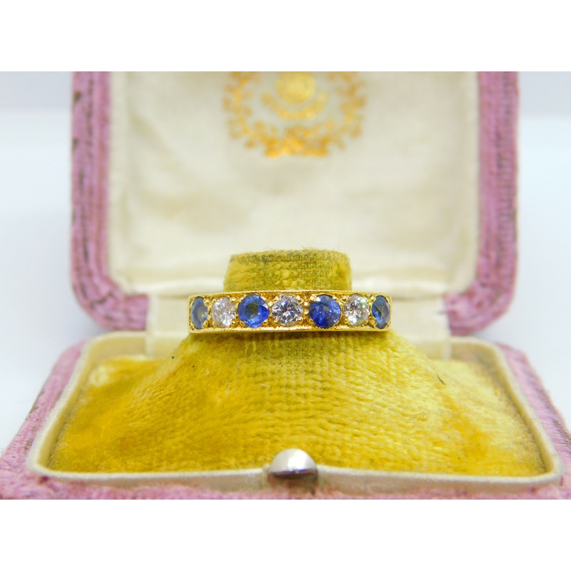 18ct Yellow Gold, 0.6ct Diamond & Sapphire Half Eternity Ring 1980 Sheffield