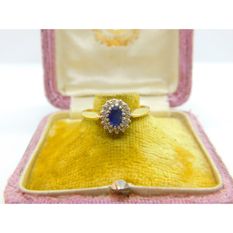 18ct Yellow Gold, Blue Sapphire & Diamond Floral Cluster Ring Vintage Birmingham