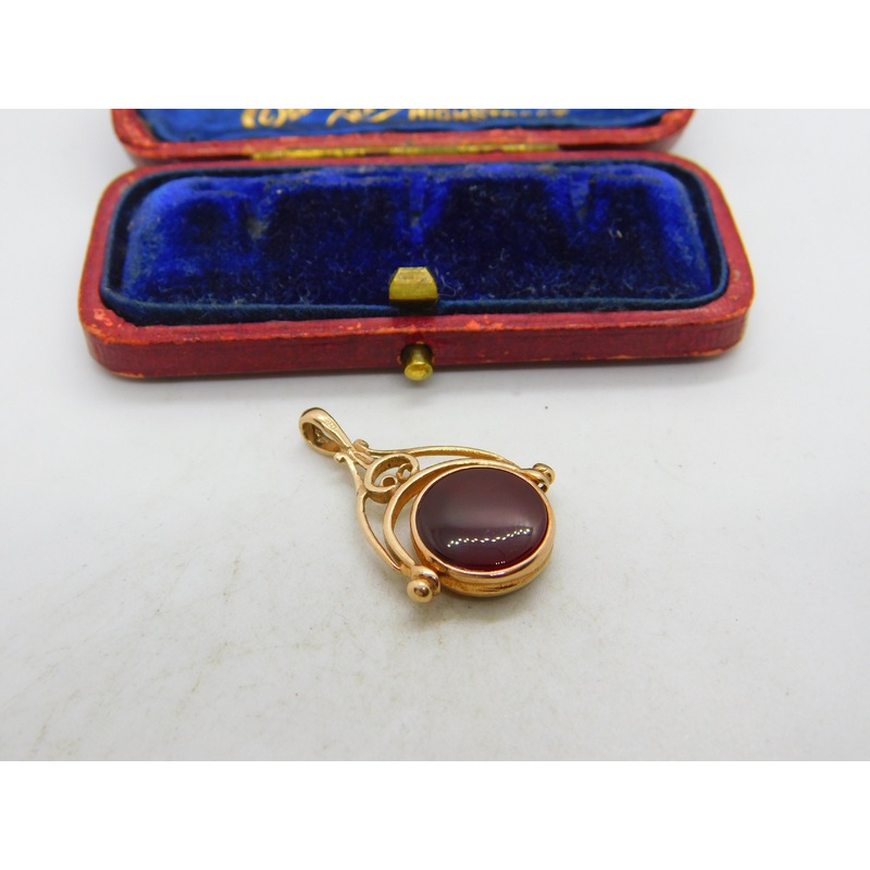 9ct Rose Gold Victorian Style Nephrite Jade & Carnelian Spinner Pendant 1990