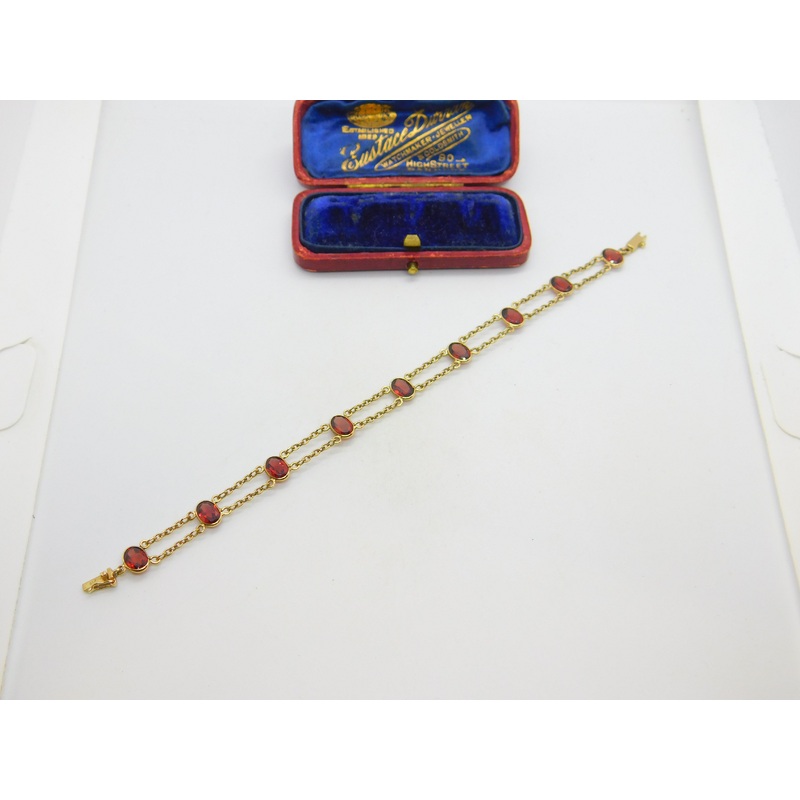 9ct Yellow Gold & Bohemian Garnet Set Panel Bracelet Vintage c1970 7" Length