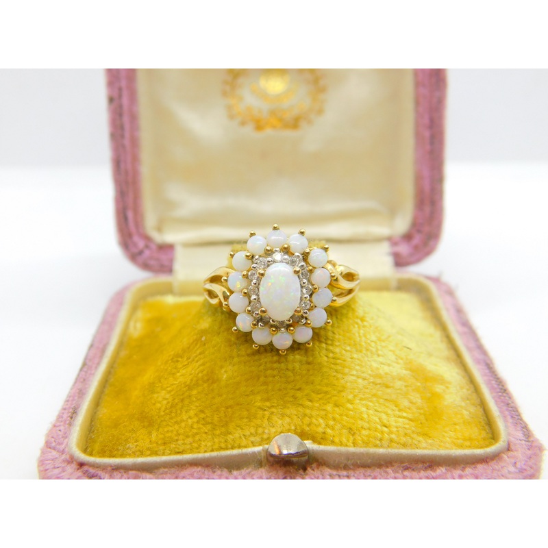 9ct Yellow Gold, Cabochon Opal & Spinel Floral Cluster Ring 2001 Birmingham
