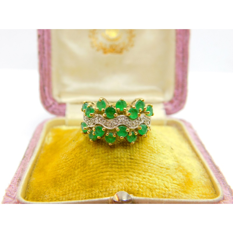 9ct Yellow Gold, Emerald & Diamond Cluster Ring 2003 Birmingham Vintage