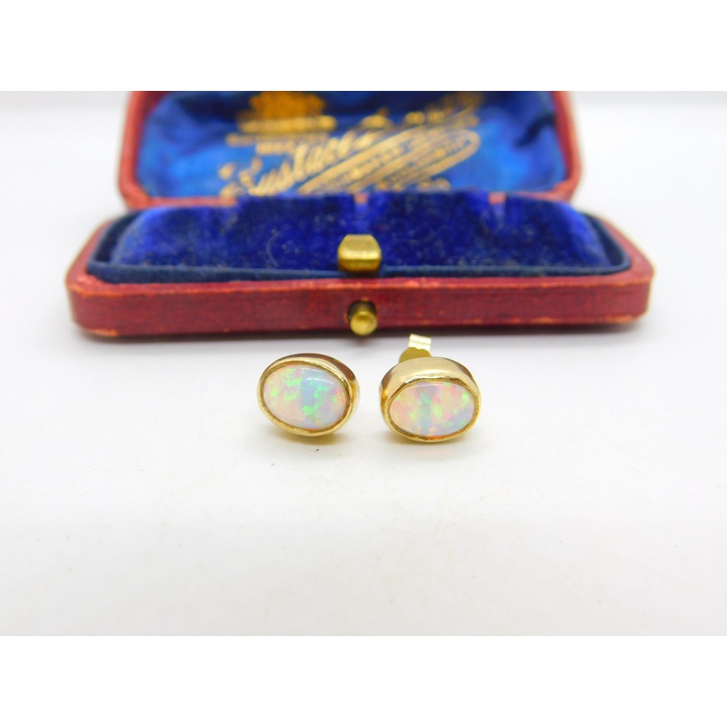 9ct Yellow Gold & Fire Opal Set Stud Earrings Vintage c1980 Birmingham