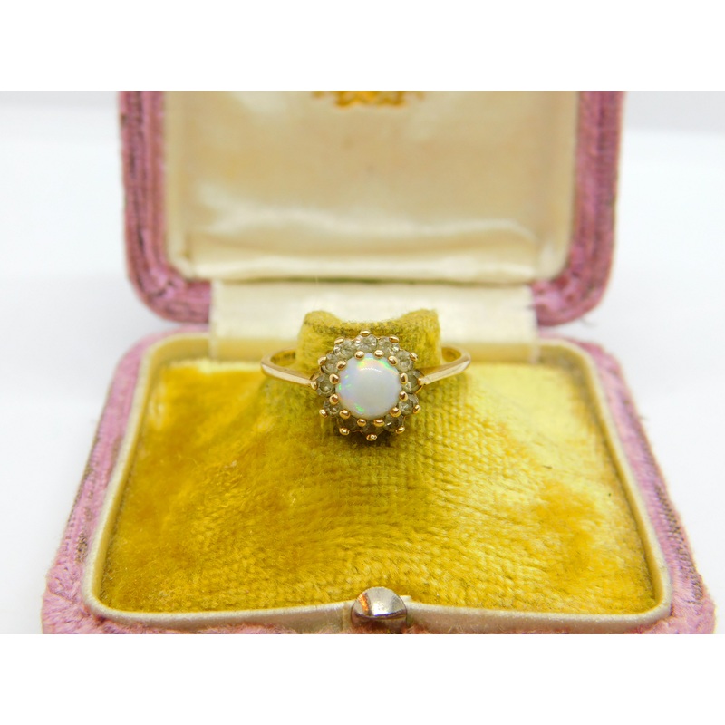 9ct Yellow Gold, Fire Opal & Spinel Floral Cluster Ring 1966 London Vintage