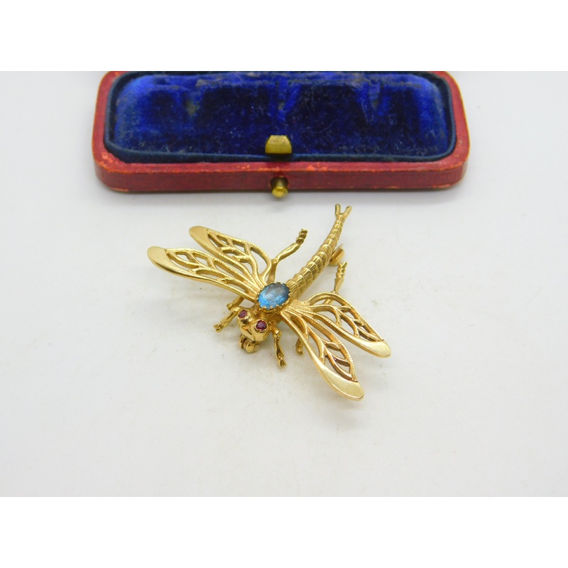 9ct Yellow Gold, Imperial Topaz & Ruby Set Dragonfly Insect Brooch 1973 London