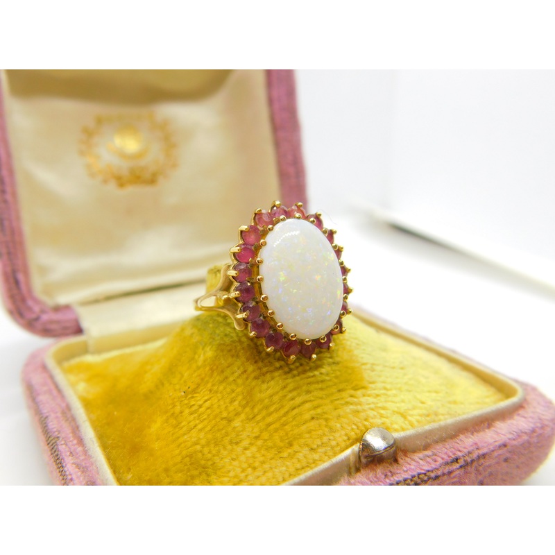 9ct Yellow Gold Large Opal & Natural Ruby Floral Cluster Ring 1987 Birmingham